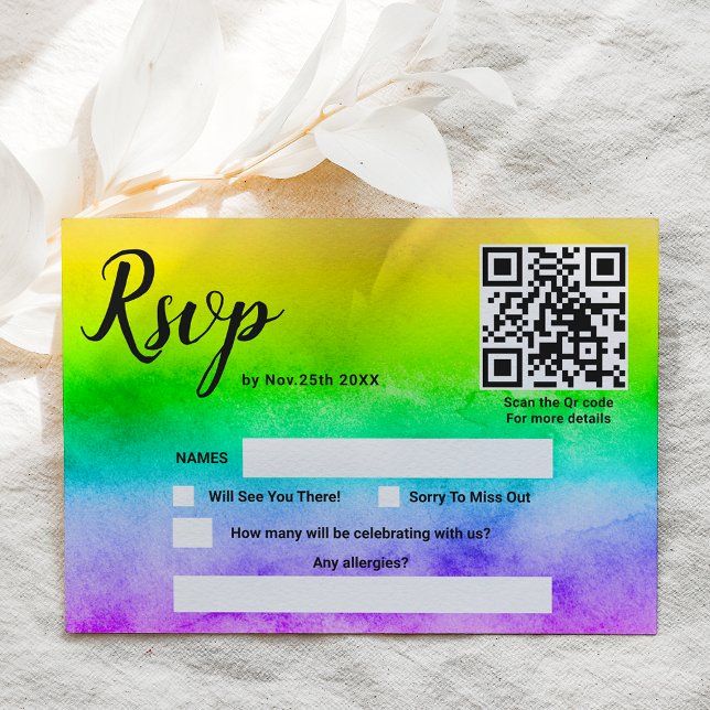 Cartons Réponse L'amour est amour aquarelle arc-en-ciel mariage qr (Love is love watercolor rainbow wedding qr code RSVP card)