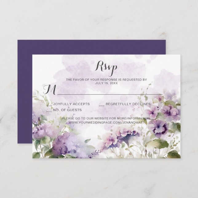 Cartons Réponse Lavande Boho Rustique Mariage Floral Violet (Devant / Derrière)