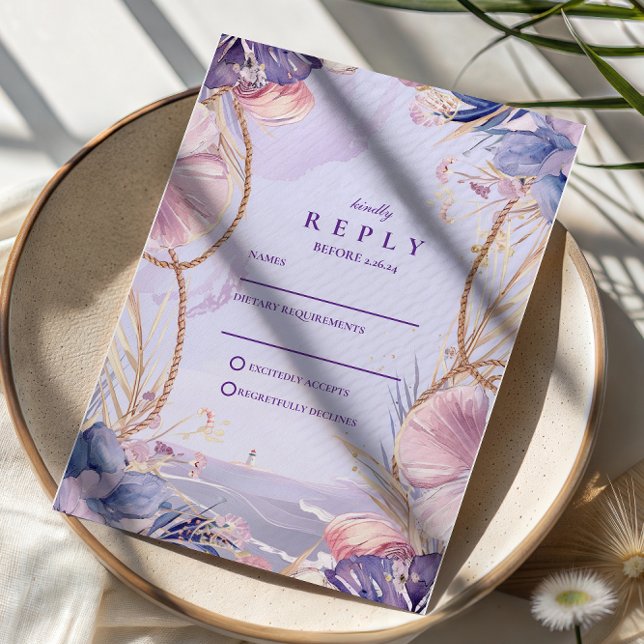 Cartons Réponse Lavender Coastal Seashell Rope Wedding (Créateur téléchargé)