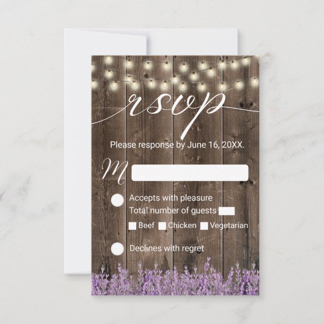 Cartons Réponse Lavender Floral Rustic String Lumières Mariage RSV (Devant)