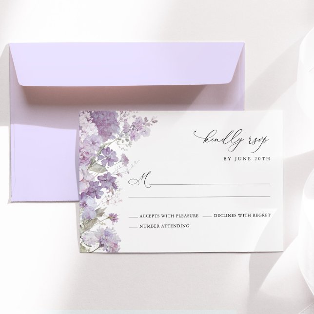 Cartons Réponse Lavender Floral Watercolor Elegant Wedding (Lavender floral wedding RSVP card with watercolor hydrangea, lilac purple elegant wedding stationery)