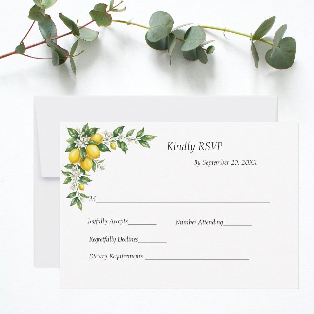 Cartons Réponse Lemons Floral Greenery Traditional Formal Wedding (Lemons White Florals Citrus Mediterranean Wedding RSVP card)