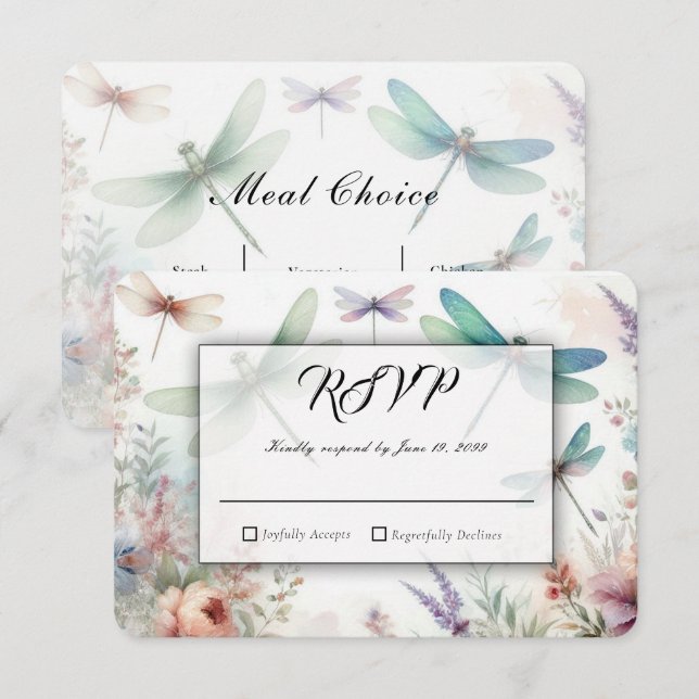 Cartons Réponse Libellules et Floraux Pastels Mariage (Devant / Derrière)