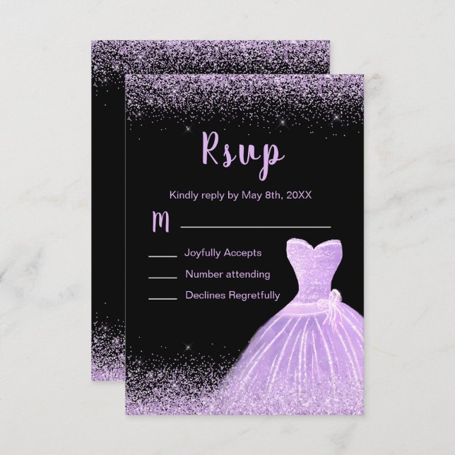 Cartons Réponse Light Purple Dress Faux Glitter Sweet 16 Birthday (Devant / Derrière)