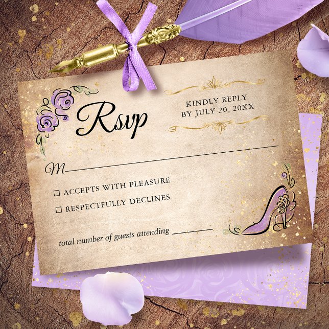 Cartons Réponse Lilac Lavender Gold Princess Chaussure élégant mar (Lilac Lavender and gold RSVP cards to give your once upon a time celebration an elegant touch.)