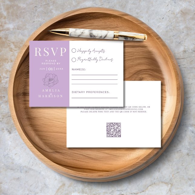 Cartons Réponse Lilac Purple Floral Mariage élégant (Lilac Purple Floral Elegant Wedding RSVP Card with Dietary Preferences, QR Code, Wedding Website.)