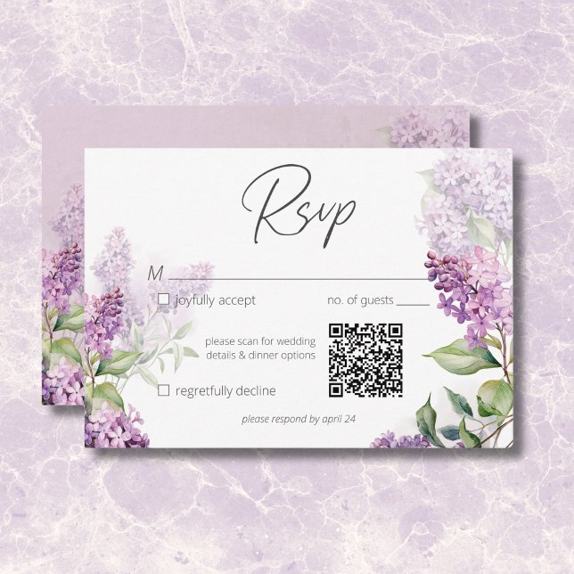 Cartons Réponse Lilacs romantique moderne violet & sage Code QR (Modern Romantic Purple & Sage Lilacs QR Code RSVP Card)