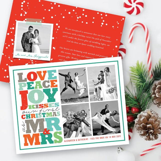 Cartons Réponse Love Peace Joy Kisses Mr & Mrs 1st Christmas Photo (Love Peace Joy Kisses Mr & Mrs First Christmas 4 Photo Collage Holiday Wedding 4.25" x 5.5" Card)