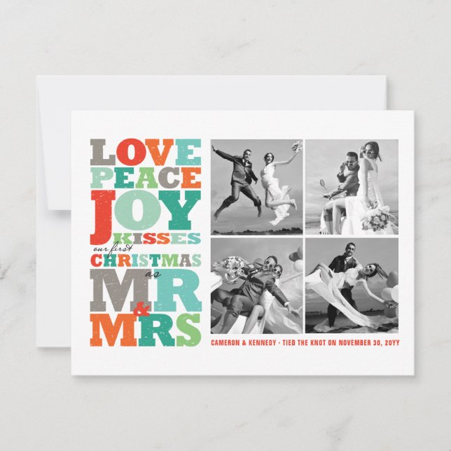 Cartons Réponse Love Peace Joy Kisses Mr & Mrs 1st Christmas Photo (Devant)