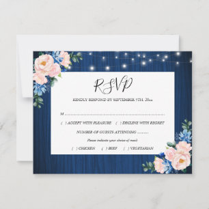Cartons Réponse Lumières à cordes rose et bleu marine pour mariage