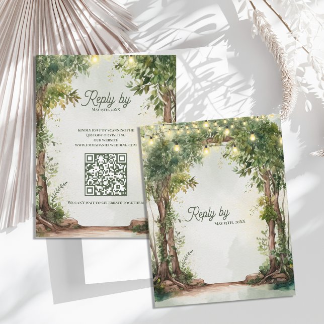 Cartons Réponse Lumières de jardin romantiques à guirlande QR Code (Romantic Garden String Lights QR Code Wedding RSVP Card | Rustic Outdoor Wedding Response Card)