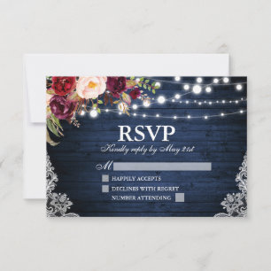 Cartons Réponse Lumières en bois bleu rustique dentelle Mariage fl