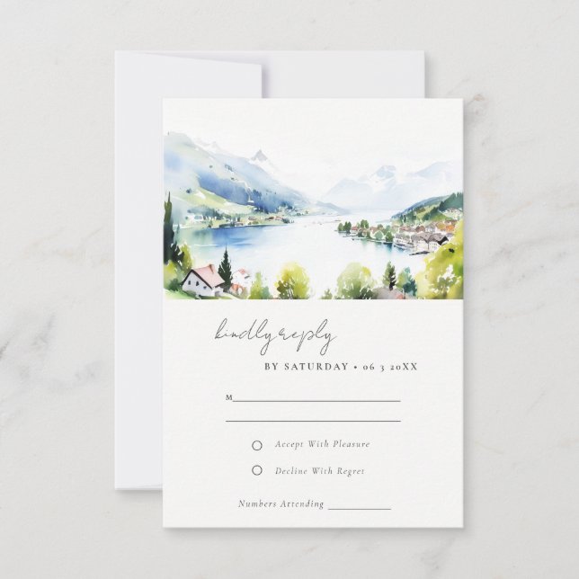 Cartons Réponse Lungern Switzerland Watercolor Landscape Wedding (Devant)