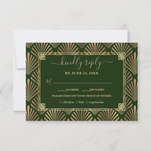 Cartons Réponse Luxe Gold Dark Green Art Déco Mariage (Devant)