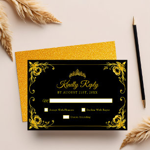Cartons Réponse Luxe Golden Floral Black and Gold Quinceanera