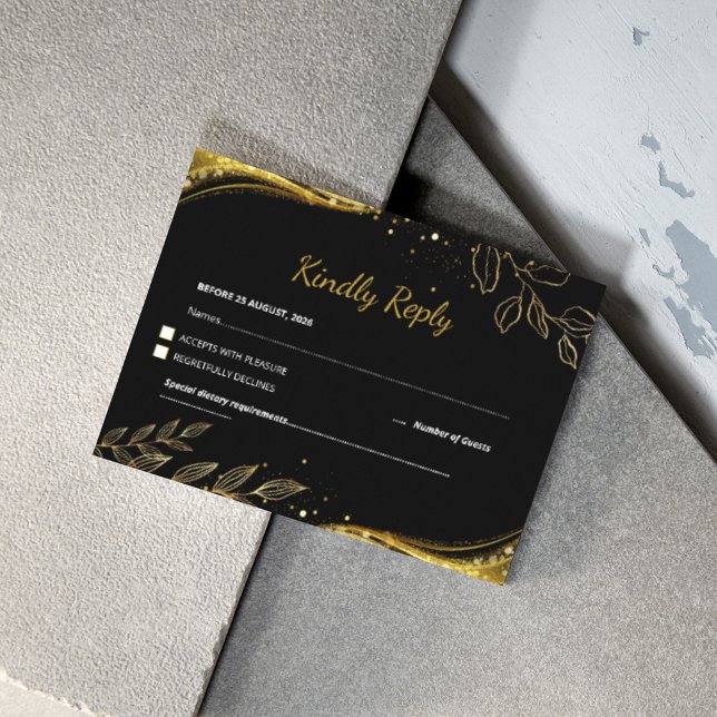 Cartons Réponse Luxe moderne Black Gold Floral Mariage (Créateur téléchargé)