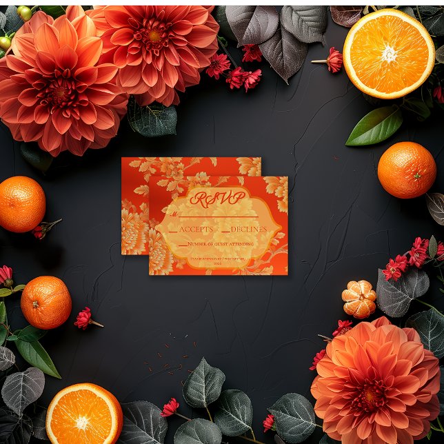 Cartons Réponse Luxueux Mandarin Orange Floral Mariage (Stunning Vibrant Orange and Gold Floral Mandarin RSVP Enclosure Card )