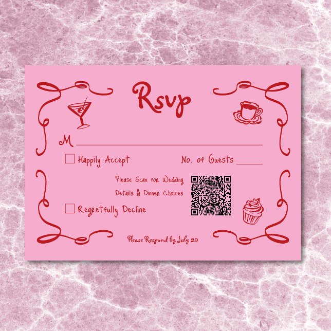 Cartons Réponse Main rétro fantaisie tirée rose Mariage QR (Whimsical Retro Hand Drawn Pink Red Wedding QR RSVP Card)