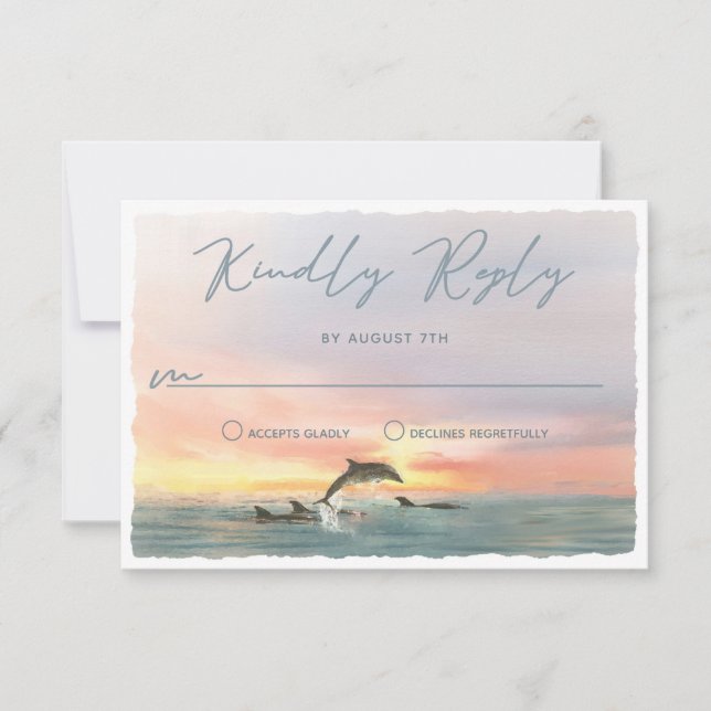 Cartons Réponse Malibu Dolphin Sunset Beach Watercolor Mariage (Devant)
