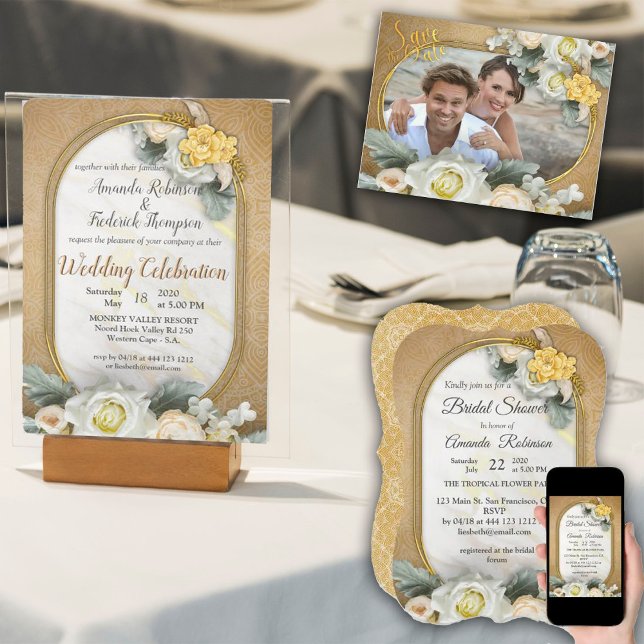 Cartons Réponse Mandalas d'or de Diverses photos de Cercle géométr (Gold Mandalas of various geometric circles with white roses invitations)