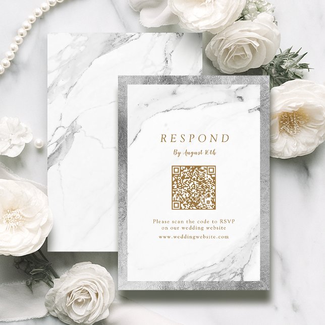 Cartons Réponse Marbre argent Faux luxe moderne mariage code QR (Faux silver marble luxury modern wedding QR code RSVP Card)