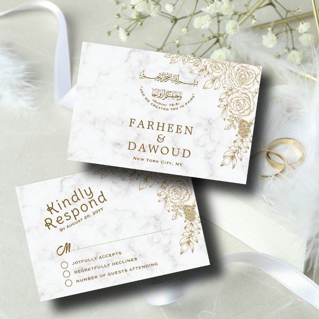 Cartons Réponse Marbre blanc Floral dentelle islamique Mariage mus (Créateur téléchargé)