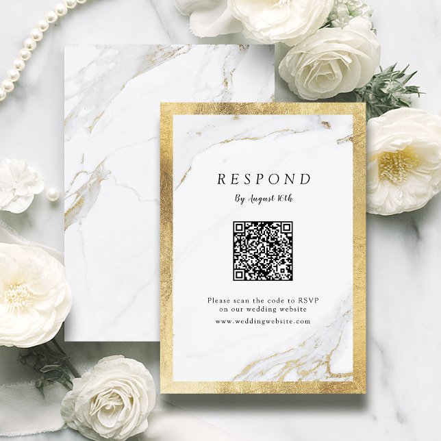 Cartons Réponse Marbre d'or Faux luxe moderne mariage QR code (Faux gold marble luxury modern wedding QR code RSVP Card)