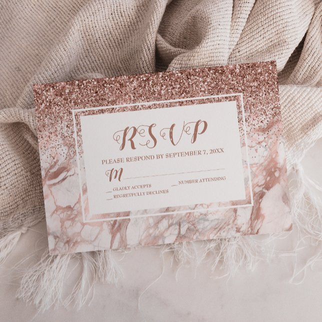 Cartons Réponse Marbre Rose Gold Faux Paillettes Script (Créateur téléchargé)