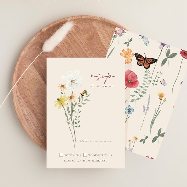 Cartons Réponse Marguerite lunaire Mariage Fleur sauvage Jaune RSV (Whimsical Daisy Yellow Wildflowers Wedding RSVP Card)