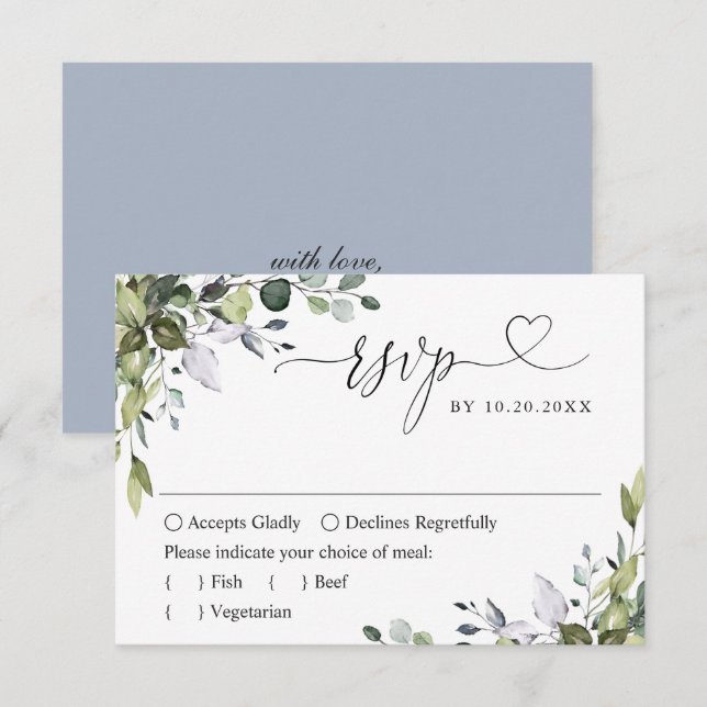 Cartons Réponse Mariage à l'aquarelle d'eucalyptus simplement élég (Devant / Derrière)