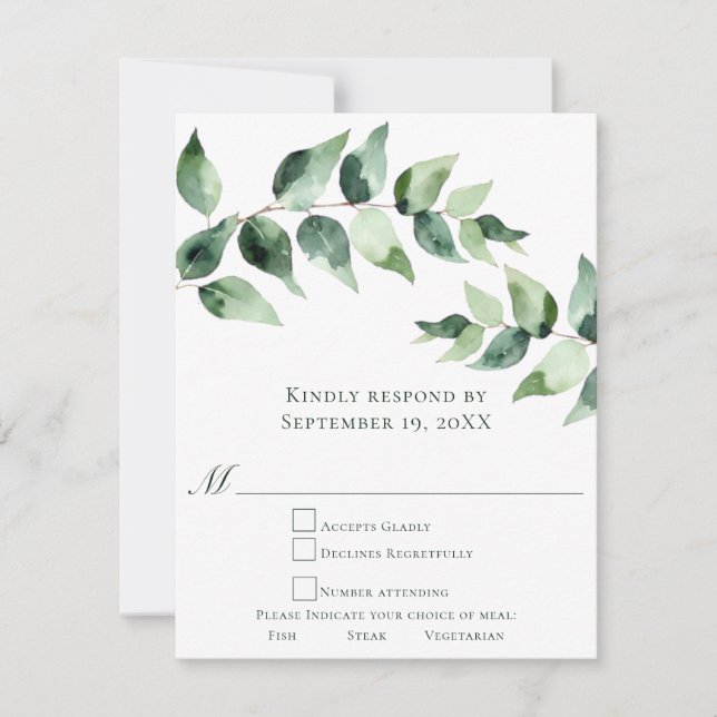 Cartons Réponse Mariage à l'aquarelle Eucalyptus | Blanc (Devant)