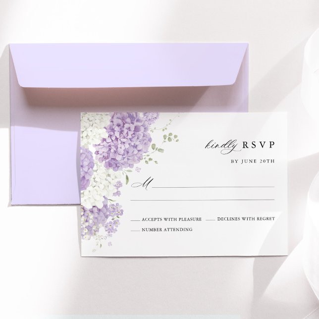 Cartons Réponse Mariage à l'aquarelle Fleurie Blanc Lilas Lavande (Lavender white hydrangea wedding RSVP card with floral design, lilac elegant wedding stationery)