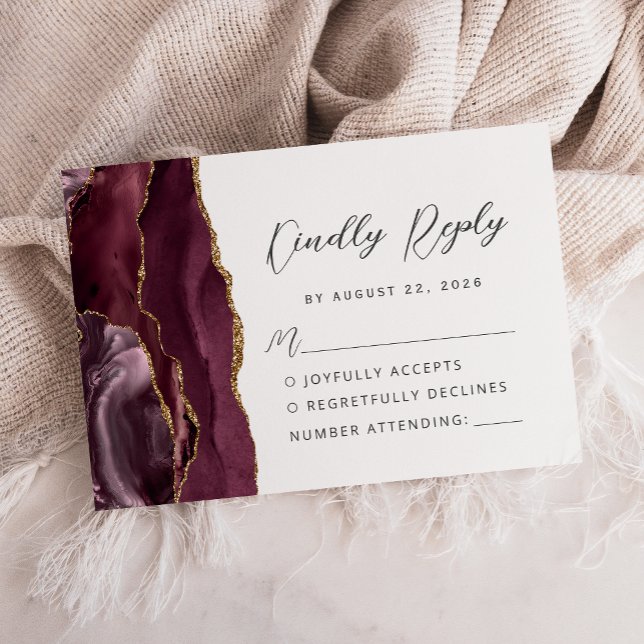 Cartons Réponse Mariage à l'écriture moderne Or Bourgogne Agate (Créateur téléchargé)