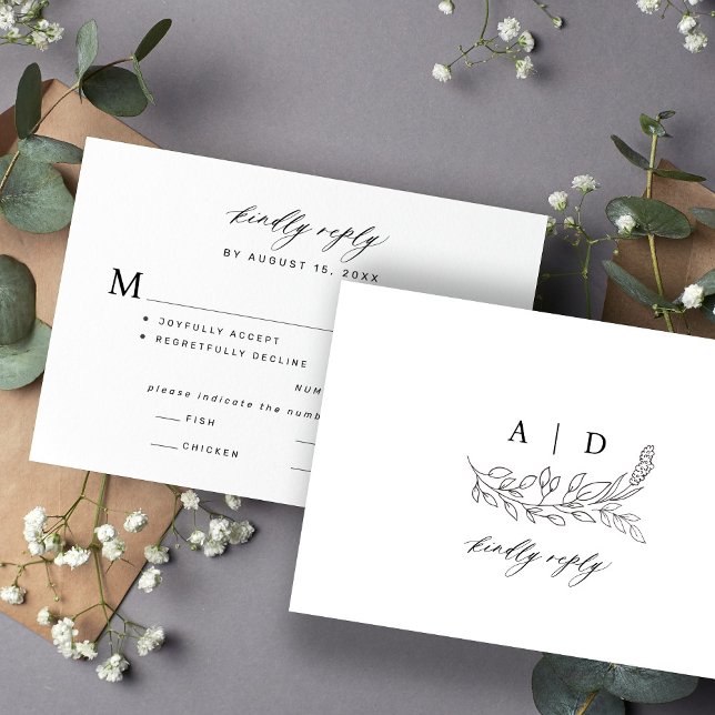 Cartons Réponse Mariage à monogramme botanique noir et blanc  (Créateur téléchargé)