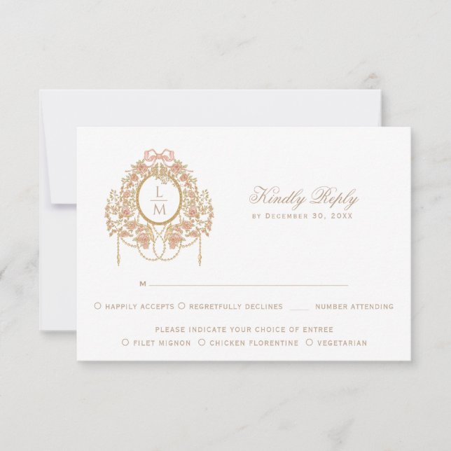 Cartons Réponse Mariage à monogramme de rose rococo français (Devant)