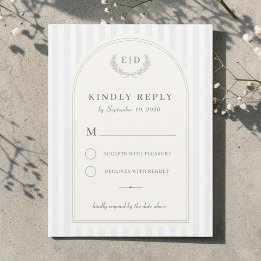 Cartons Réponse Mariage à monogramme rayé bleu et vert sauge