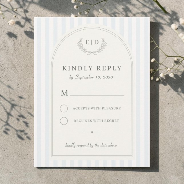 Cartons Réponse Mariage à monogramme rayé bleu et vert sauge (Créateur téléchargé)