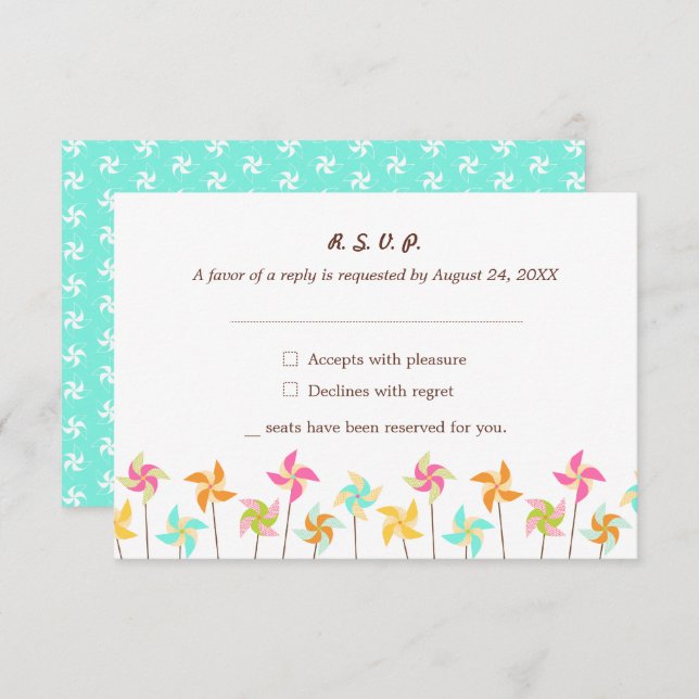 Cartons Réponse Mariage à thème Pinwheel coloré (Devant / Derrière)