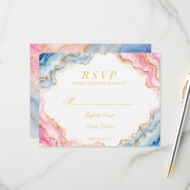 Cartons Réponse Mariage Agate Rose Bleu Or (Devant/Arrière en situation)