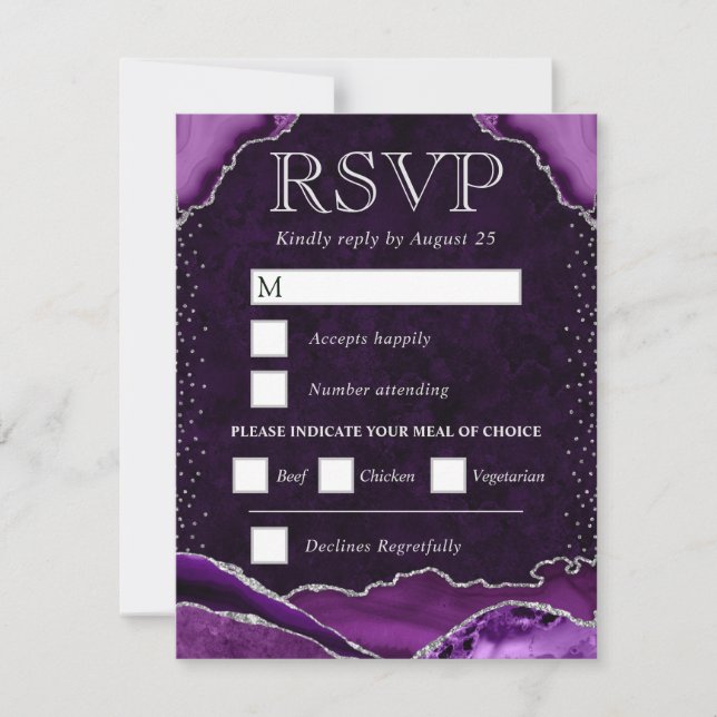 Cartons Réponse Mariage Agate Violet et Argent (Devant)