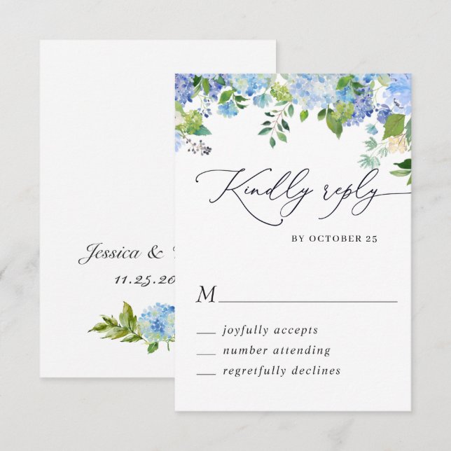 Cartons Réponse Mariage aquarelle Hydrangea bleu élégant (Devant / Derrière)