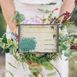 Cartons Réponse Mariage Arbre Feuille Cœur Vert Médiéval Oiseau Am