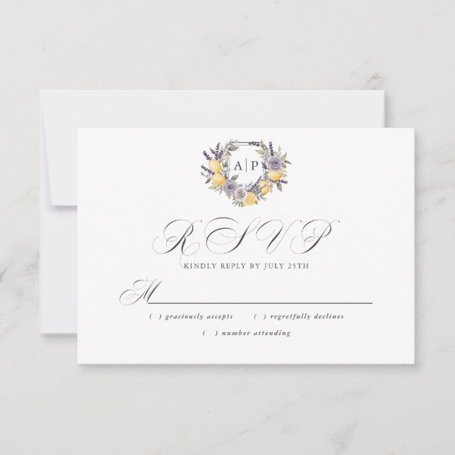 Cartons Réponse Mariage Armoirie Florale Monogramme Citron Lavande (Devant)
