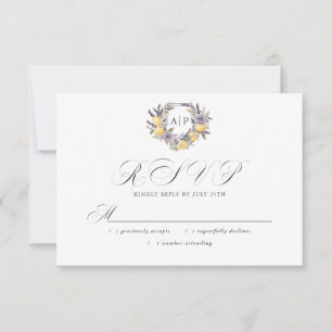Cartons Réponse Mariage Armoirie Florale Monogramme Citron Lavande