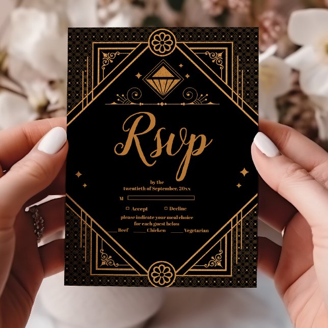 Cartons Réponse Mariage Art Déco Géométrique Elégant Or Noir (Créateur téléchargé)