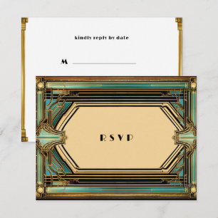 Cartons Réponse Mariage Art Déco Or Turquoise Noir