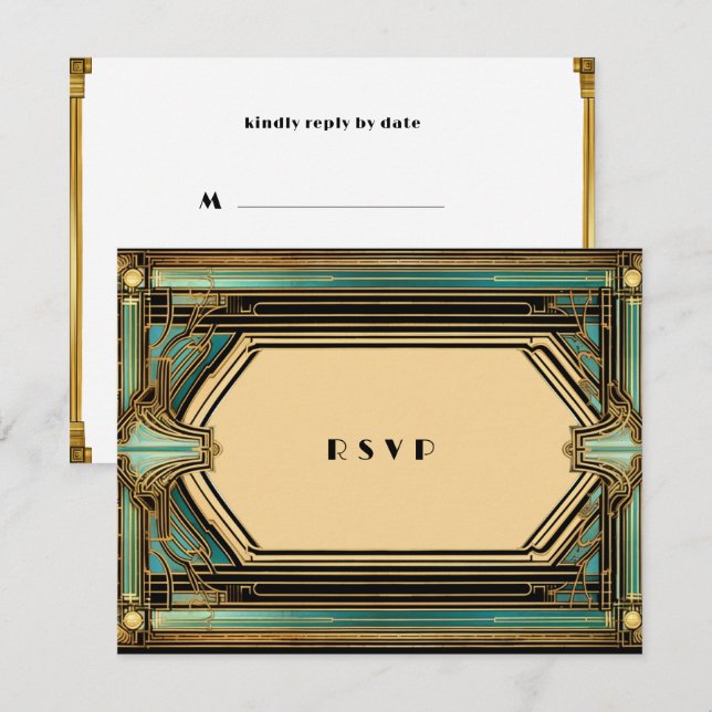 Cartons Réponse Mariage Art Déco Or Turquoise Noir (Devant / Derrière)