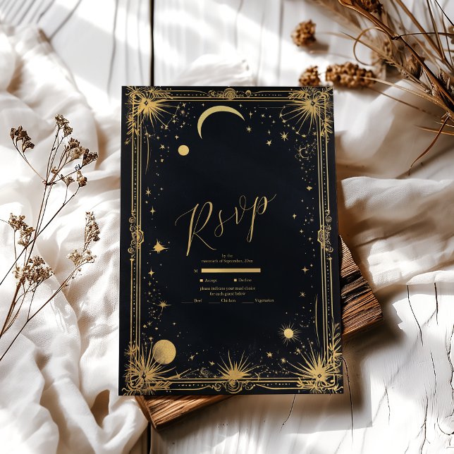 Cartons Réponse Mariage Astronomie Soleil Lune Or Noir Céleste (Créateur téléchargé)