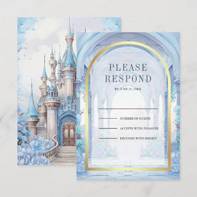 Cartons Réponse Mariage au Château Bleu Floral Conte de Fées (Devant / Derrière)