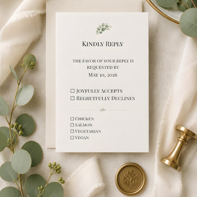 Cartons Réponse Mariage au feuillage de eucalyptus de luxe (Eucalyptus themed wedding rsvp card, with meal choices.)